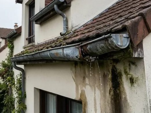 Avant : gouttière bouchée qui déborde, façade tachée de coulures vertes