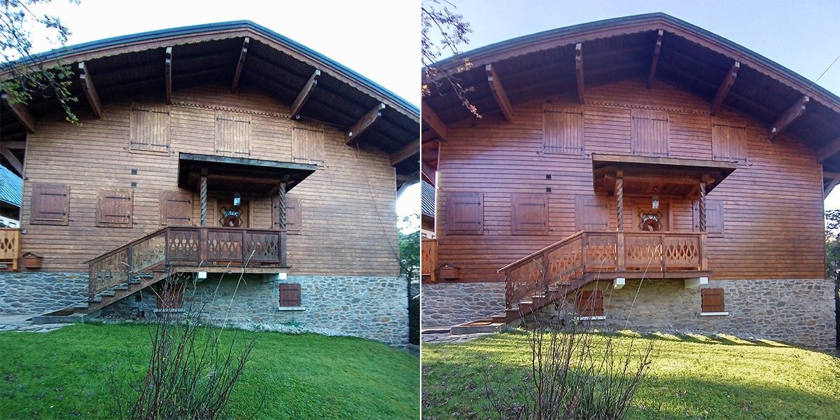 Chalet en bois avant et après la rénovation de ses boiseries.