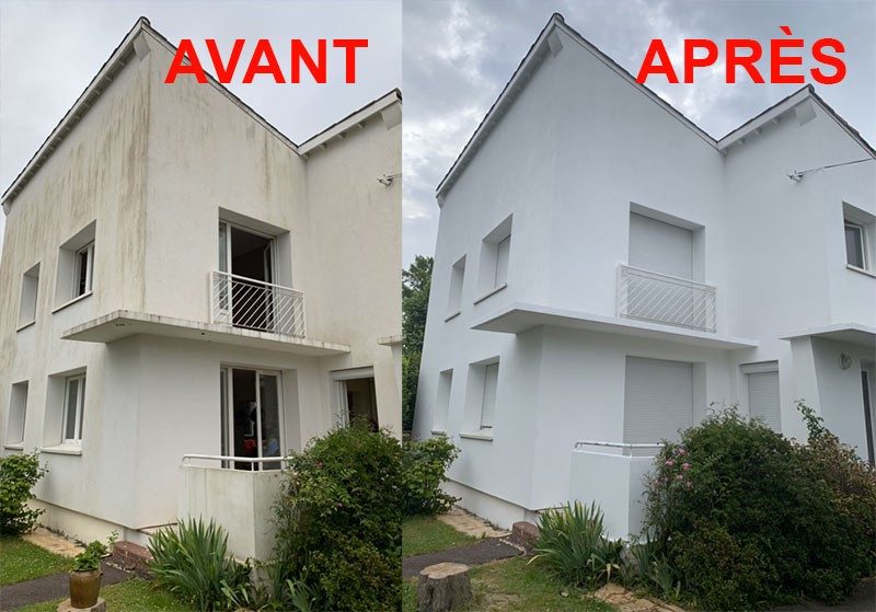 Façade d'une maison avant et après le nettoyage et la peinture.