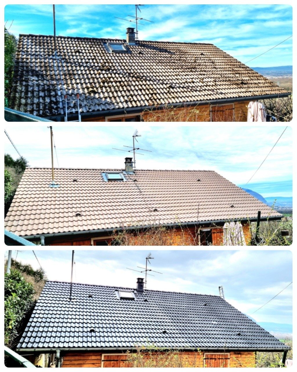 Toiture d'une maison avant nettoyage, après nettoyage, puis après traitement.